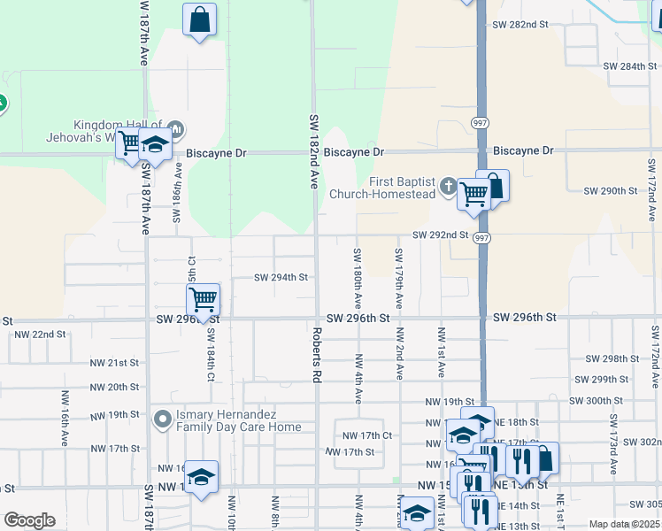 map of restaurants, bars, coffee shops, grocery stores, and more near 29380 Southwest 182nd Avenue in Homestead