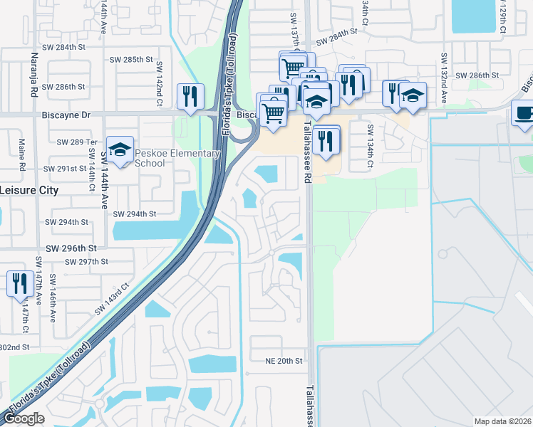 map of restaurants, bars, coffee shops, grocery stores, and more near 4100 Northeast 26th Street in Homestead