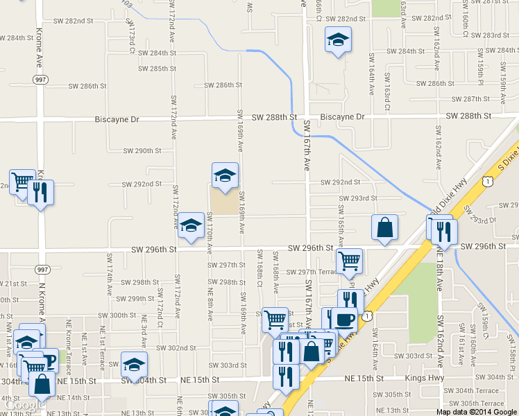 map of restaurants, bars, coffee shops, grocery stores, and more near 29351 Southwest 169th Avenue in Homestead