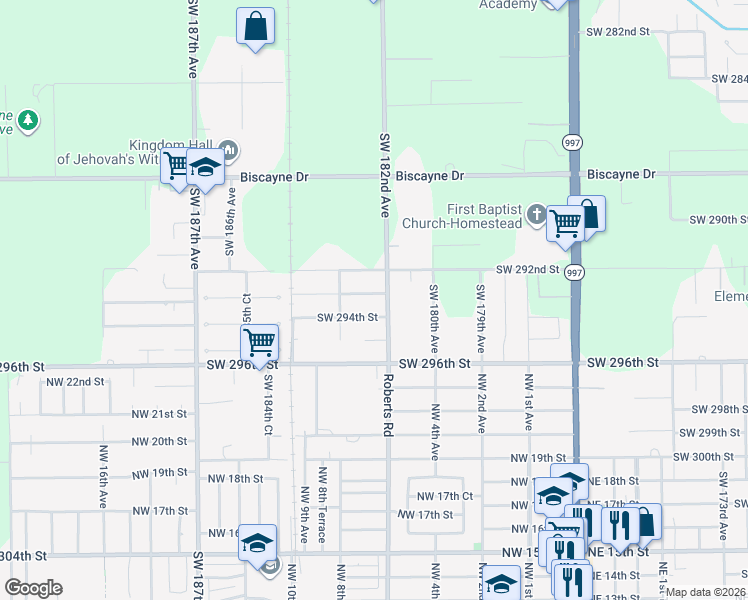map of restaurants, bars, coffee shops, grocery stores, and more near 29380 Southwest 182nd Avenue in Homestead