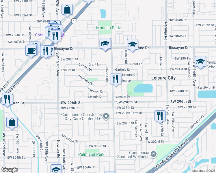 map of restaurants, bars, coffee shops, grocery stores, and more near 29325 Florida Road in Homestead