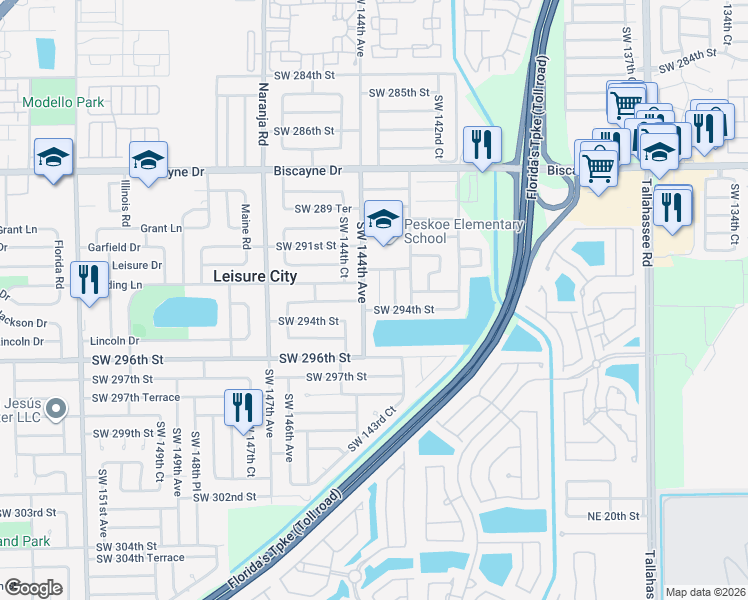 map of restaurants, bars, coffee shops, grocery stores, and more near 14362 Southwest 294th Street in Homestead