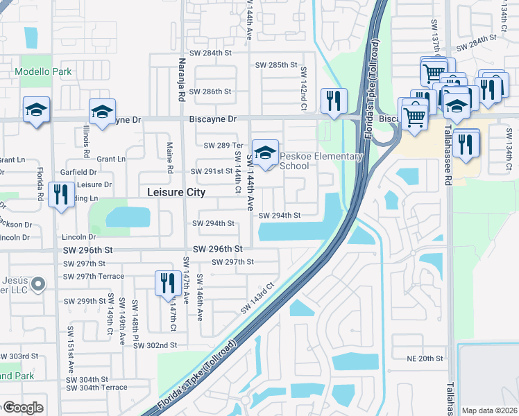 map of restaurants, bars, coffee shops, grocery stores, and more near 14362 Southwest 294th Street in Homestead