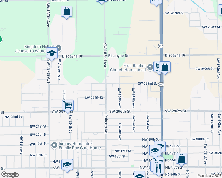 map of restaurants, bars, coffee shops, grocery stores, and more near 29380 Southwest 182nd Avenue in Homestead