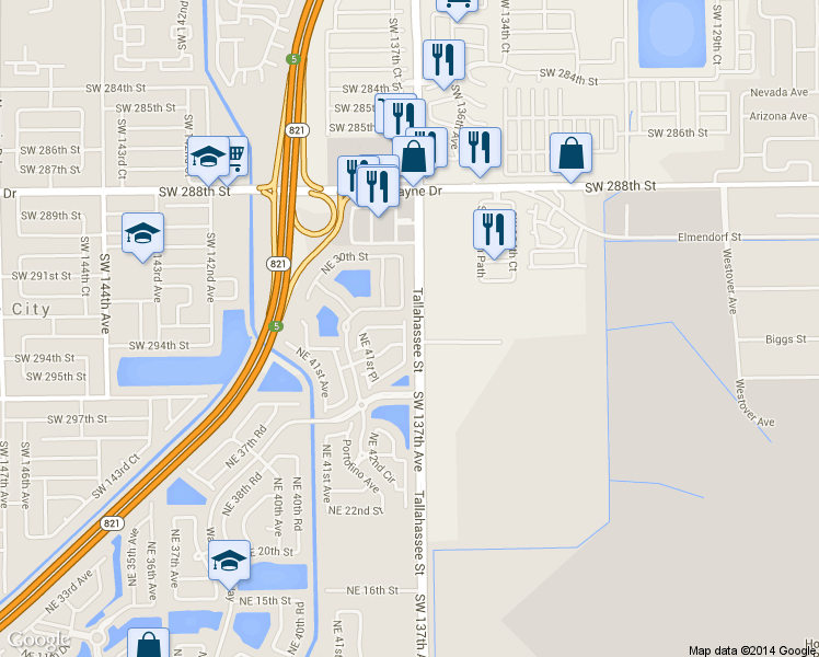 map of restaurants, bars, coffee shops, grocery stores, and more near 2411 Northeast 42nd Avenue in Homestead