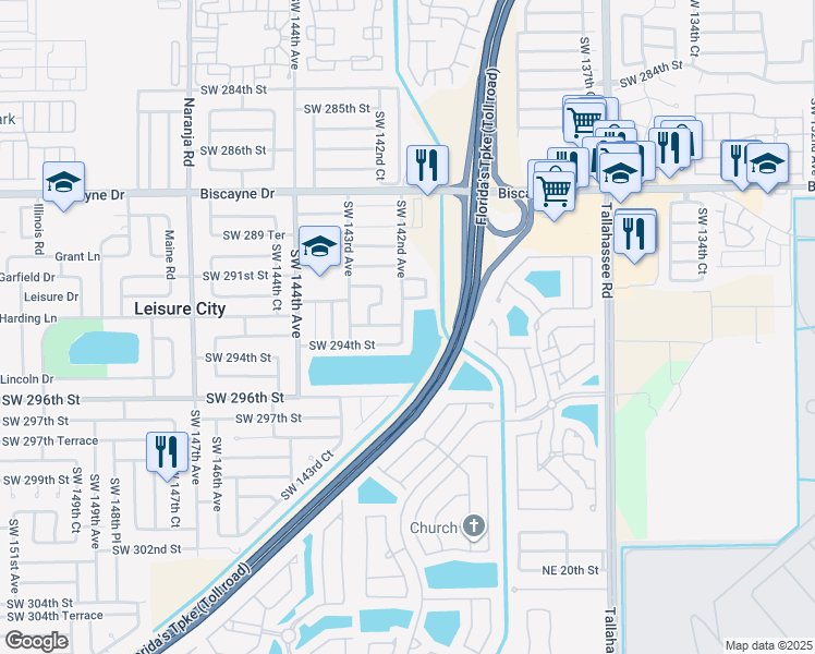 map of restaurants, bars, coffee shops, grocery stores, and more near 14230 Southwest 294th Street in Homestead
