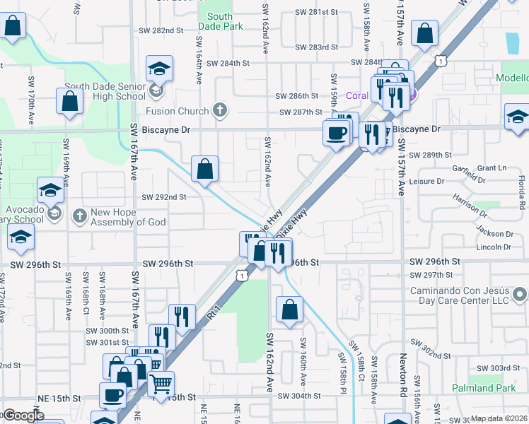 map of restaurants, bars, coffee shops, grocery stores, and more near 29200 Southwest 162nd Avenue in Homestead