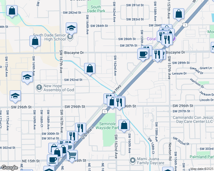 map of restaurants, bars, coffee shops, grocery stores, and more near 29200 Southwest 162nd Avenue in Homestead