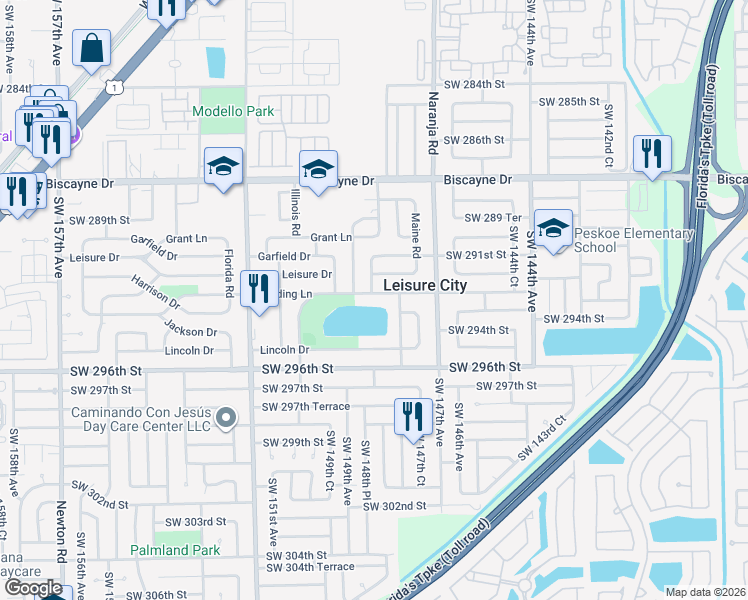 map of restaurants, bars, coffee shops, grocery stores, and more near 14820 Leisure Drive in Homestead