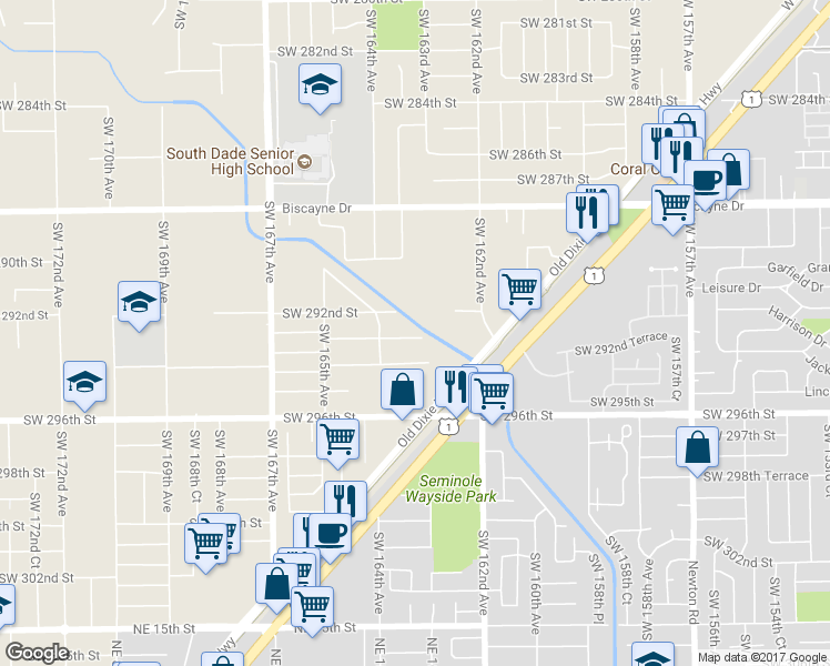 map of restaurants, bars, coffee shops, grocery stores, and more near 16321 Southwest 293rd Street in Homestead