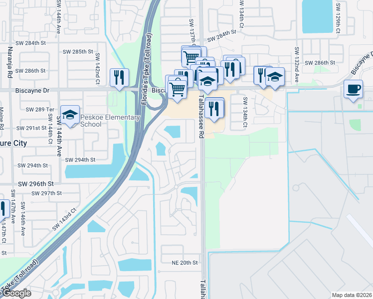 map of restaurants, bars, coffee shops, grocery stores, and more near 2611 Northeast 41st Place in Homestead