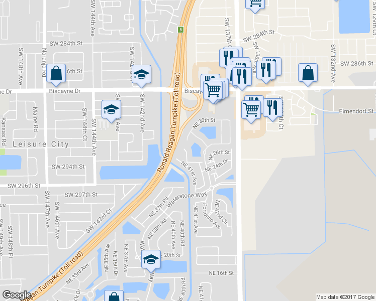 map of restaurants, bars, coffee shops, grocery stores, and more near 4120 Northeast 30th Street in Homestead