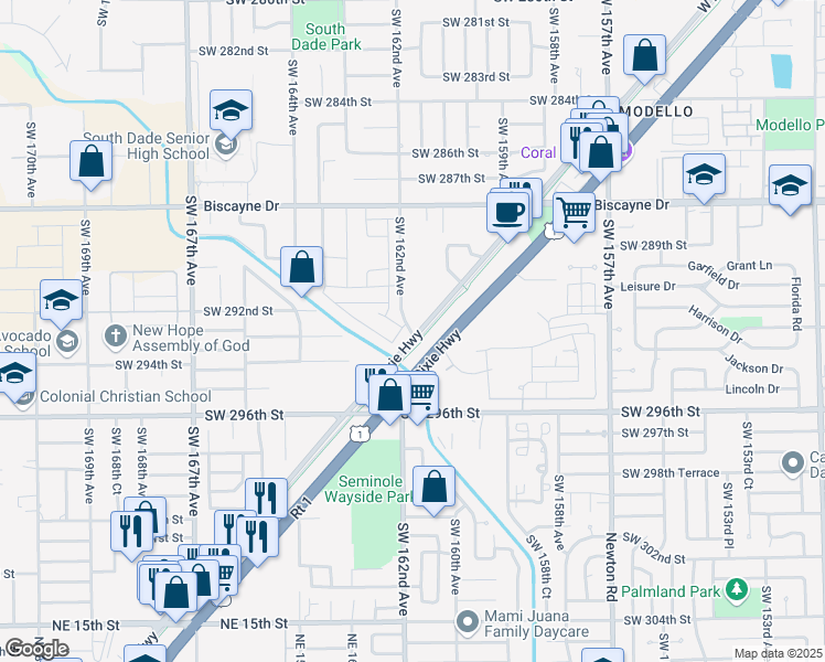map of restaurants, bars, coffee shops, grocery stores, and more near 29200 Old Dixie Highway in Homestead