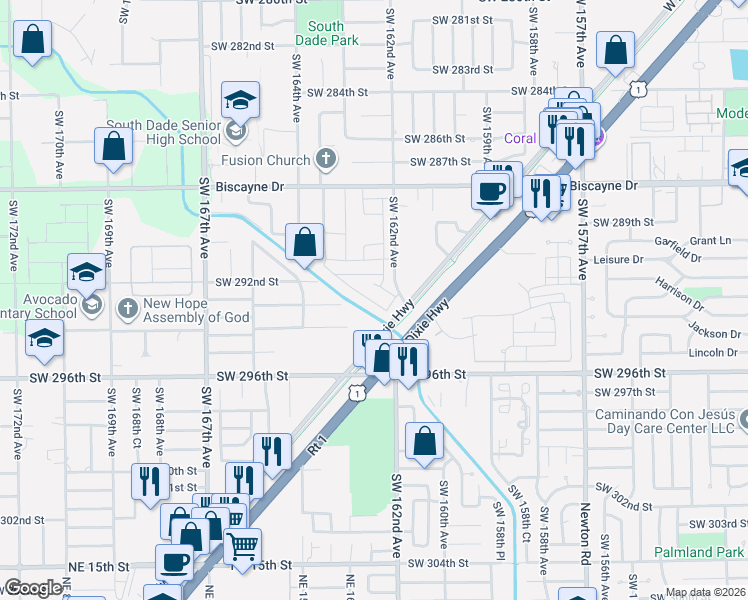 map of restaurants, bars, coffee shops, grocery stores, and more near 29200 Southwest 162nd Avenue in Homestead