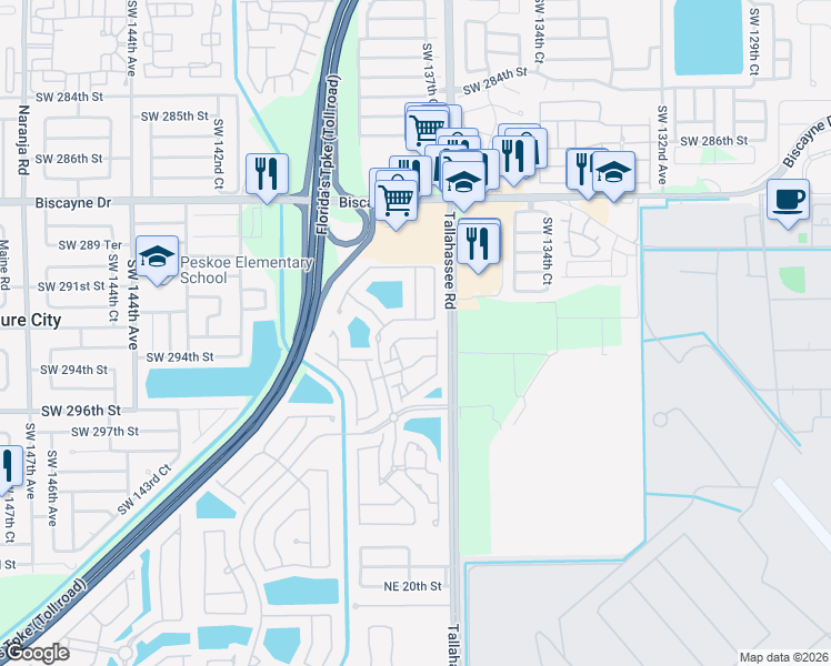 map of restaurants, bars, coffee shops, grocery stores, and more near 2611 Northeast 41st Place in Homestead