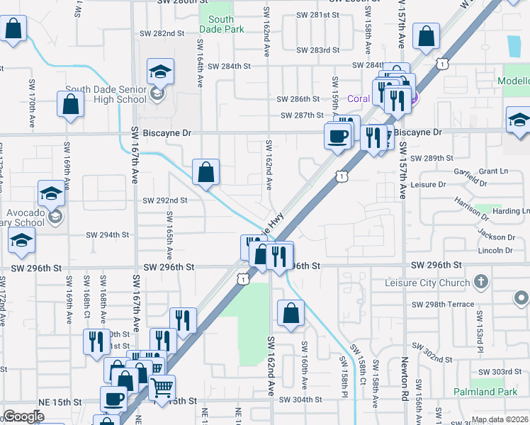 map of restaurants, bars, coffee shops, grocery stores, and more near 29200 Southwest 162nd Avenue in Homestead