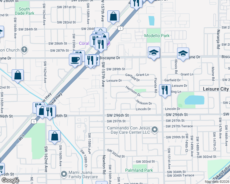 map of restaurants, bars, coffee shops, grocery stores, and more near 15530 Harrison Drive in Homestead