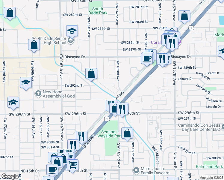 map of restaurants, bars, coffee shops, grocery stores, and more near 29200 Southwest 162nd Avenue in Homestead