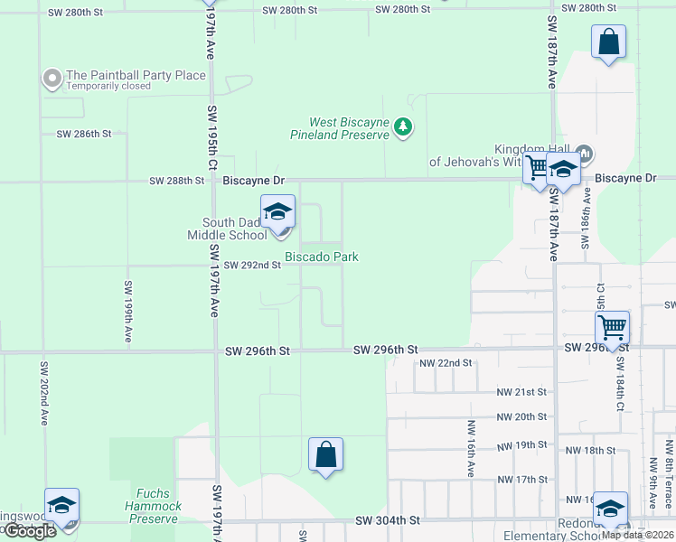 map of restaurants, bars, coffee shops, grocery stores, and more near 18575 Southwest 292nd Street in Homestead