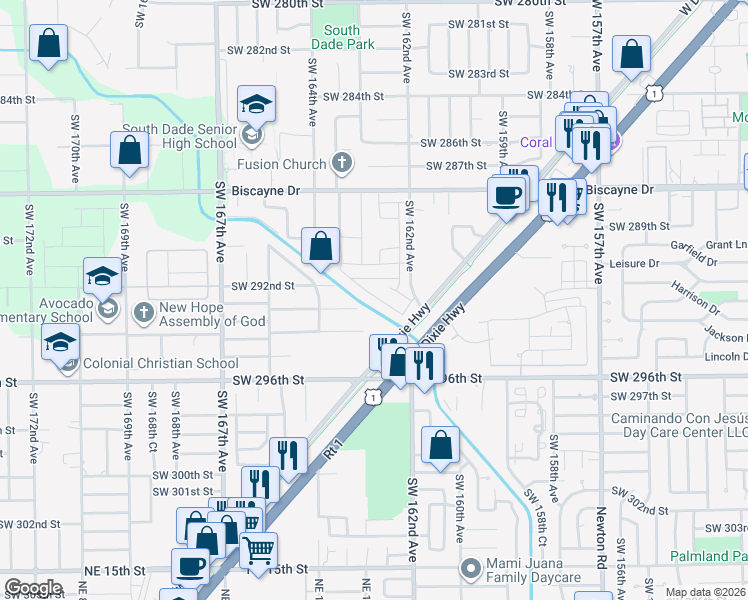 map of restaurants, bars, coffee shops, grocery stores, and more near 29200 Southwest 162nd Avenue in Homestead