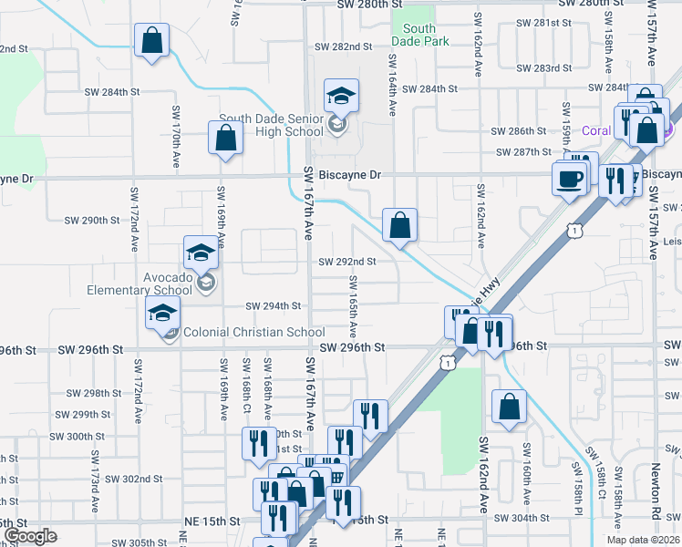 map of restaurants, bars, coffee shops, grocery stores, and more near 16540 Southwest 292nd Street in Homestead
