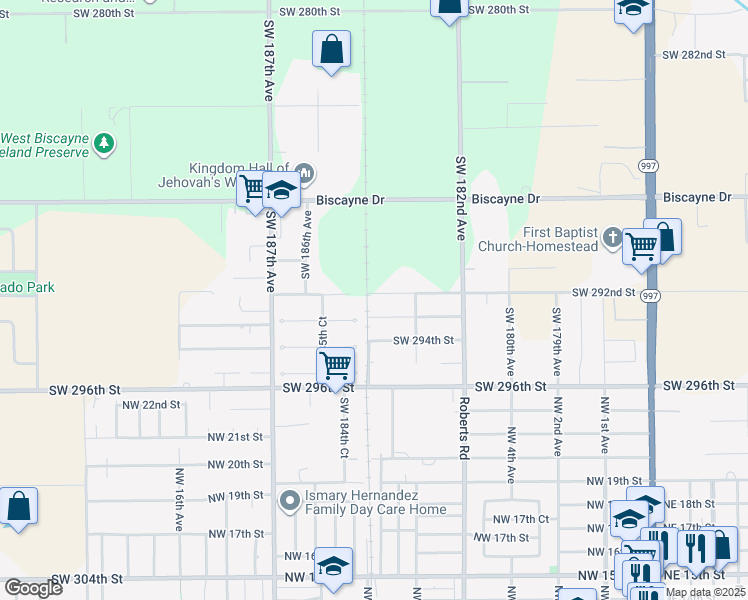 map of restaurants, bars, coffee shops, grocery stores, and more near 18400 Southwest 292nd Street in Homestead