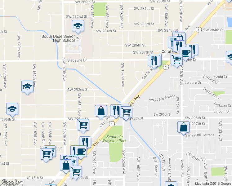 map of restaurants, bars, coffee shops, grocery stores, and more near 29200 Southwest 162nd Avenue in Homestead