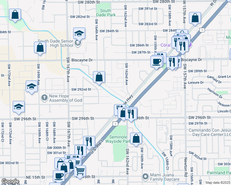 map of restaurants, bars, coffee shops, grocery stores, and more near 29200 Southwest 162nd Avenue in Homestead