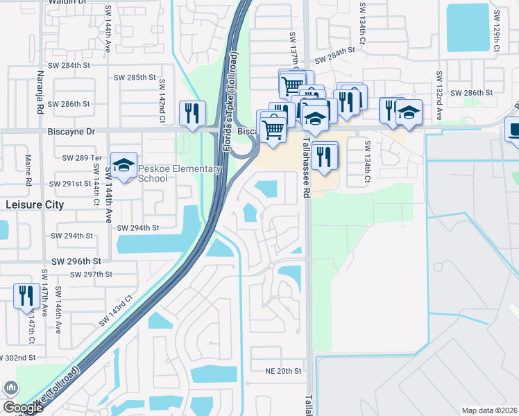 map of restaurants, bars, coffee shops, grocery stores, and more near 2614 Northeast 41st Road in Homestead