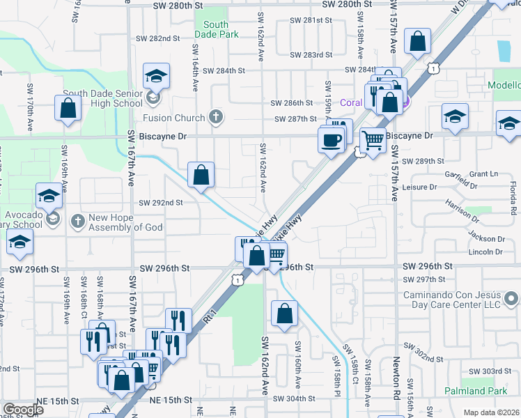 map of restaurants, bars, coffee shops, grocery stores, and more near 29200 Old Dixie Highway in Homestead