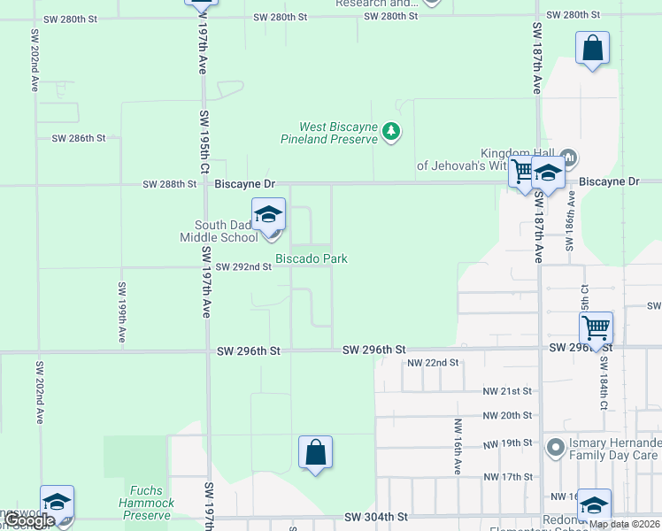 map of restaurants, bars, coffee shops, grocery stores, and more near 18575 Southwest 292nd Street in Homestead