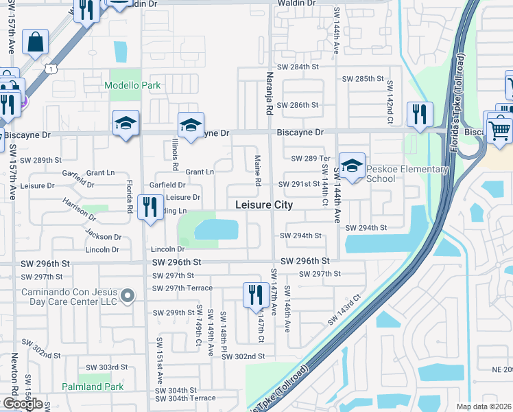map of restaurants, bars, coffee shops, grocery stores, and more near 14760 Leisure Drive in Homestead