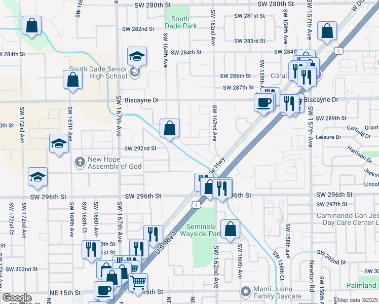 map of restaurants, bars, coffee shops, grocery stores, and more near 16321 Southwest 293rd Street in Homestead