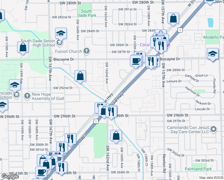map of restaurants, bars, coffee shops, grocery stores, and more near 29200 Old Dixie Highway in Homestead