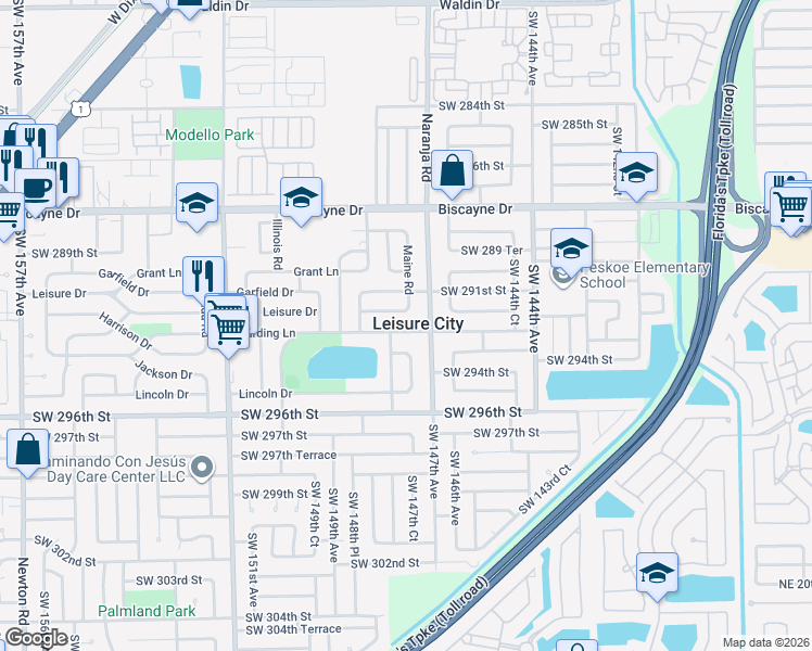 map of restaurants, bars, coffee shops, grocery stores, and more near 14760 Leisure Drive in Homestead