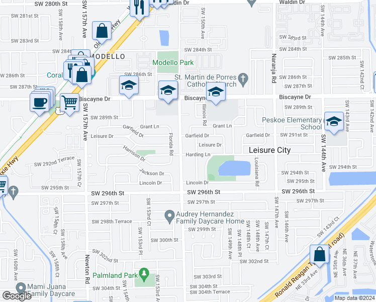 map of restaurants, bars, coffee shops, grocery stores, and more near 15105 Harding Lane in Homestead
