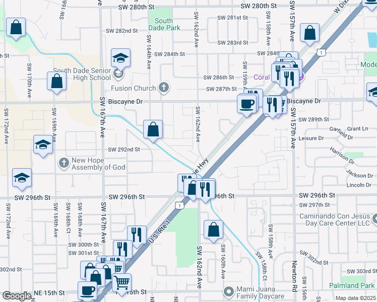 map of restaurants, bars, coffee shops, grocery stores, and more near 29200 Southwest 162nd Avenue in Homestead