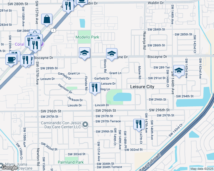 map of restaurants, bars, coffee shops, grocery stores, and more near 14970 Leisure Drive in Homestead