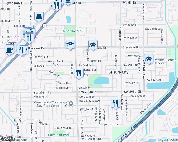 map of restaurants, bars, coffee shops, grocery stores, and more near 14970 Leisure Drive in Homestead