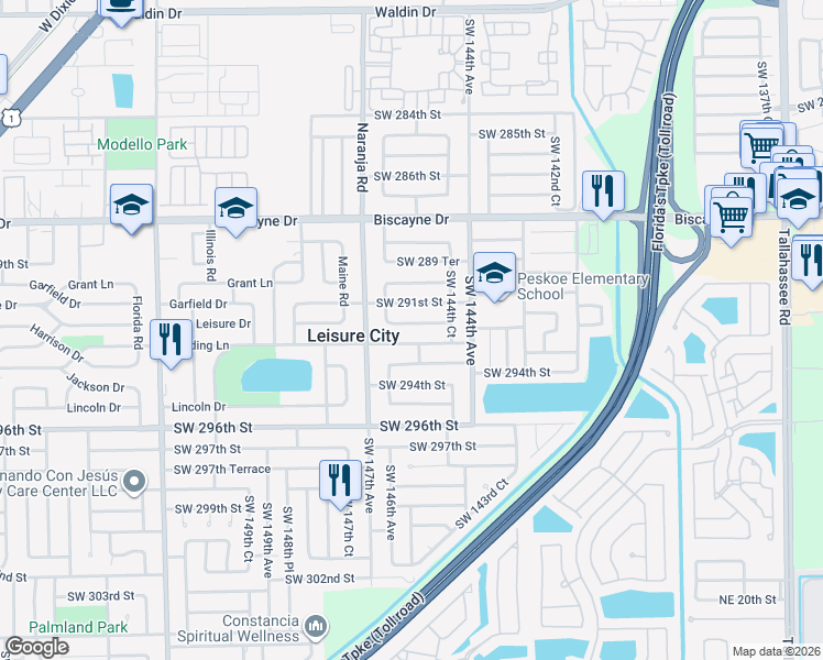 map of restaurants, bars, coffee shops, grocery stores, and more near 14520 Southwest 292nd Street in Homestead