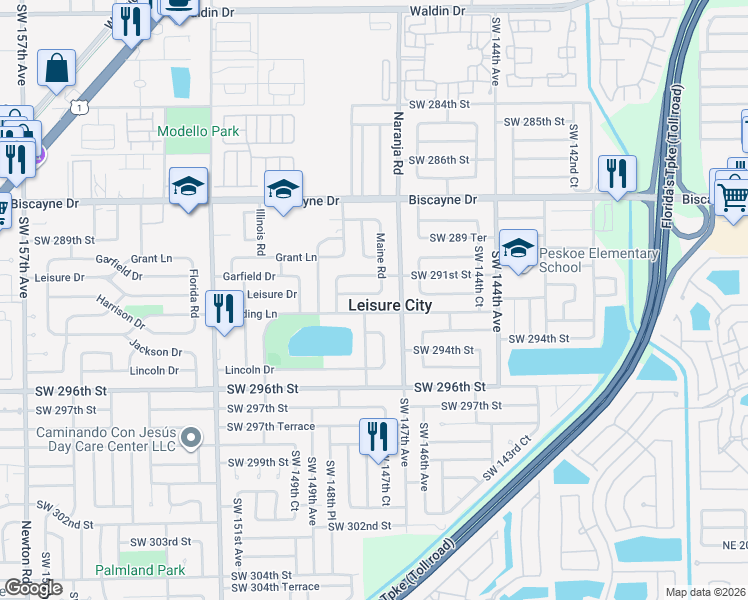 map of restaurants, bars, coffee shops, grocery stores, and more near 14760 Leisure Drive in Homestead