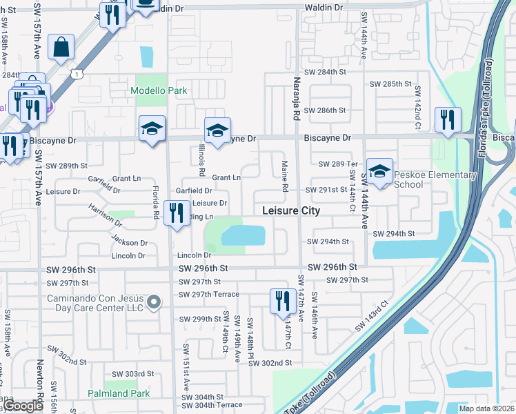 map of restaurants, bars, coffee shops, grocery stores, and more near 14820 Leisure Drive in Homestead