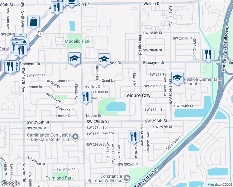 map of restaurants, bars, coffee shops, grocery stores, and more near 14820 Leisure Drive in Homestead