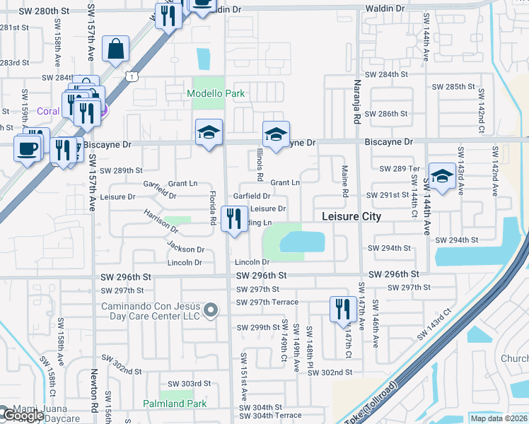 map of restaurants, bars, coffee shops, grocery stores, and more near 14970 Leisure Drive in Homestead