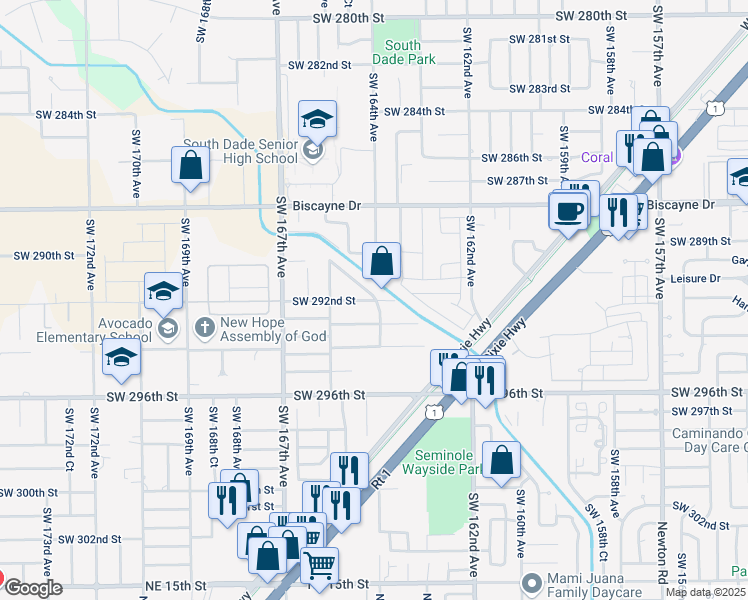 map of restaurants, bars, coffee shops, grocery stores, and more near 16380 Southwest 292nd Street in Homestead