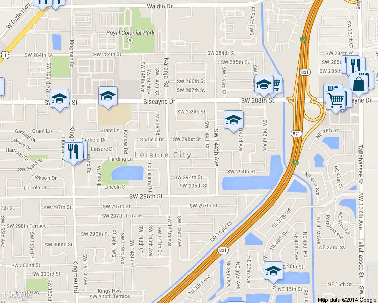 map of restaurants, bars, coffee shops, grocery stores, and more near 14520 Southwest 292nd Street in Homestead