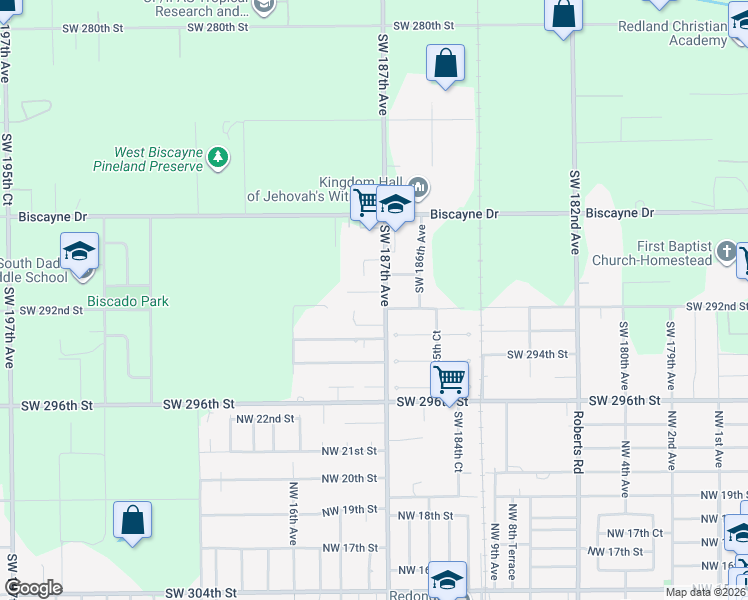 map of restaurants, bars, coffee shops, grocery stores, and more near 18712 Southwest 291st Terrace in Homestead