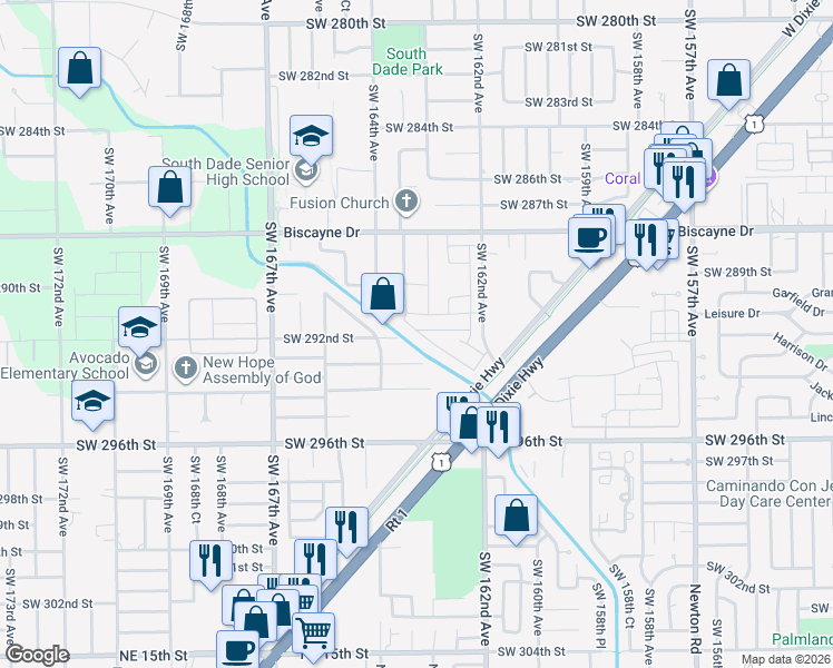 map of restaurants, bars, coffee shops, grocery stores, and more near 16321 Southwest 293rd Street in Homestead