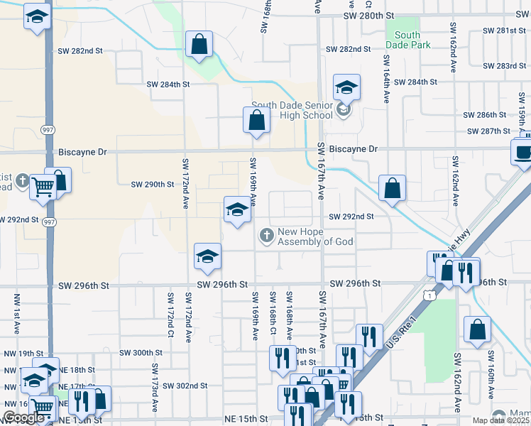 map of restaurants, bars, coffee shops, grocery stores, and more near 29351 Southwest 169th Avenue in Homestead