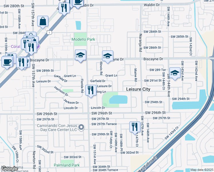 map of restaurants, bars, coffee shops, grocery stores, and more near 14970 Leisure Drive in Homestead
